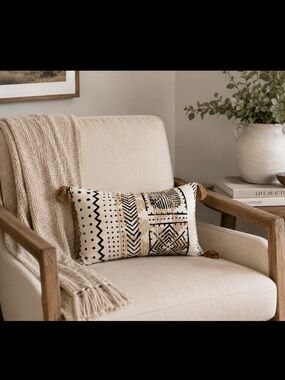 Structube Black & Cream Boho Lumbar Throw Pillow with Tassels 17” x 11”